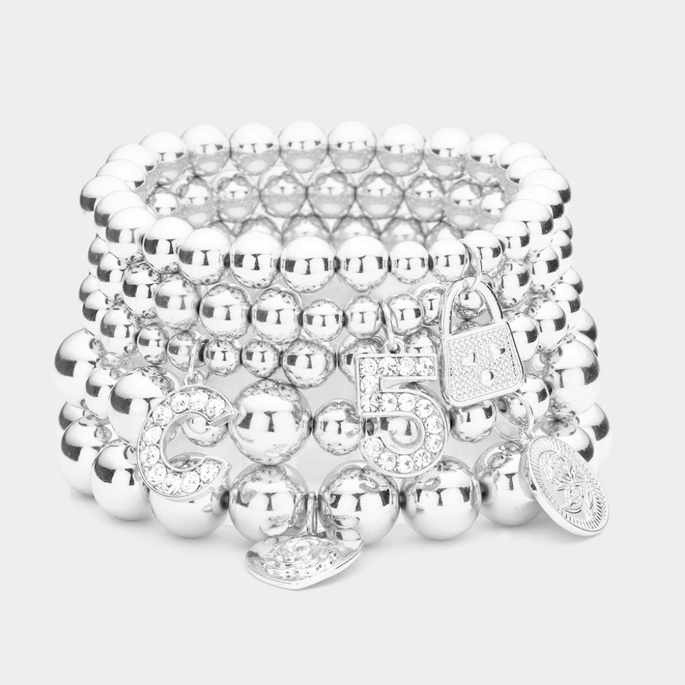 Silver Lock Pendant Charms Rhinestone Crystal Beaded Stretch Bracelet Jewelry - Picture 1 of 2